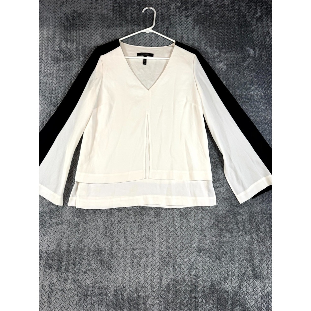Bcbgmaxazria Blouse Womens 2XS Black Off White‎ Classic Long Sleeve V Neck